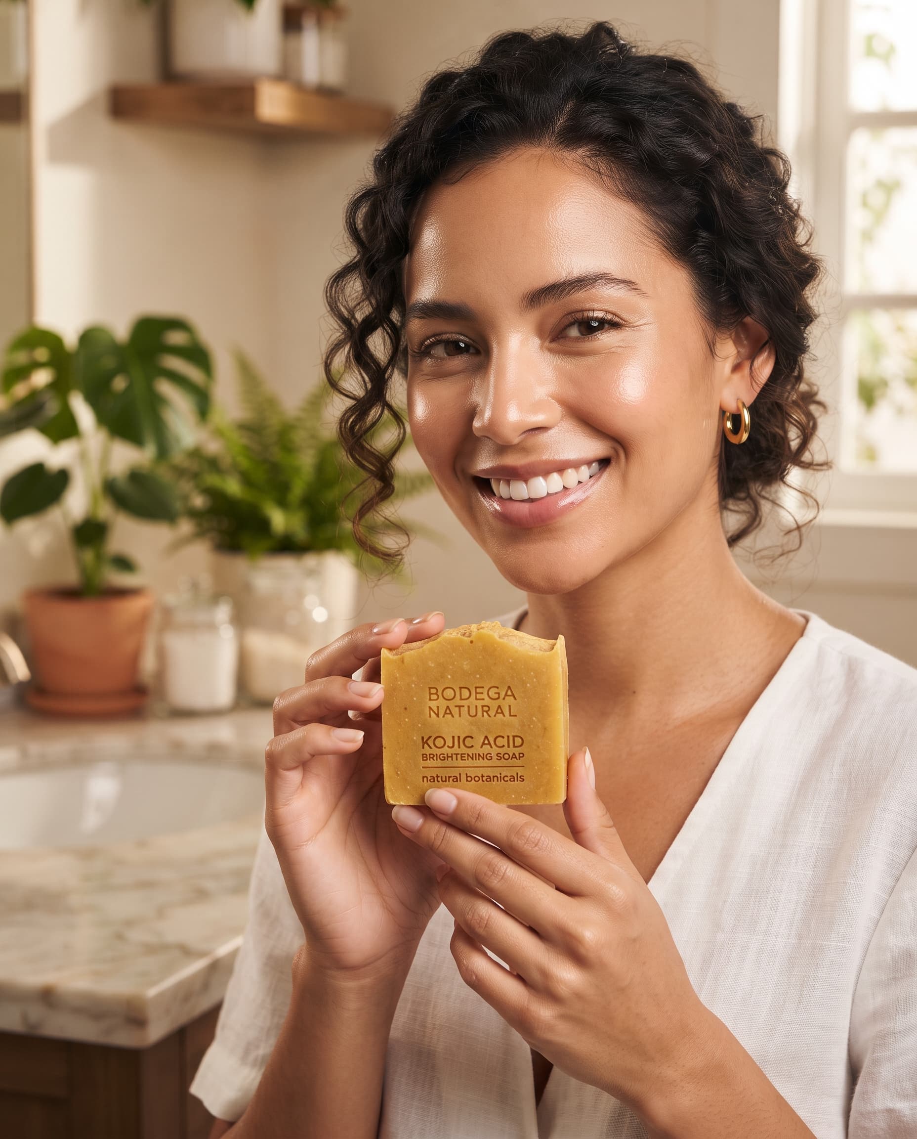Mujer con piel radiante usando Jabón Kojic Bodega Natural