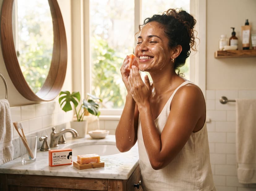 Mujer colombiana usando Jabón Kojic en su rutina de belleza diaria